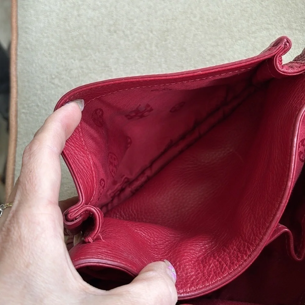 Tory Burch Genuine Leather Red Saddle Bag Gold Tone Chain Woven Shoulder Purse